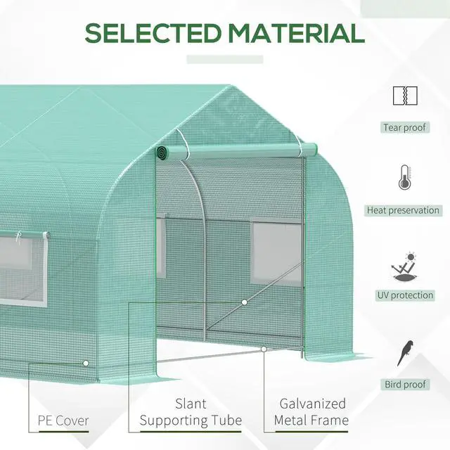 Alt view image 4 of 5 - 20' x 10' x 7' Outdoor Walk-in Greenhouse, Tunnel Green House with Roll-Up Windows, Zippered Door, Pe Cover, Heavy Duty Steel Frame, Green