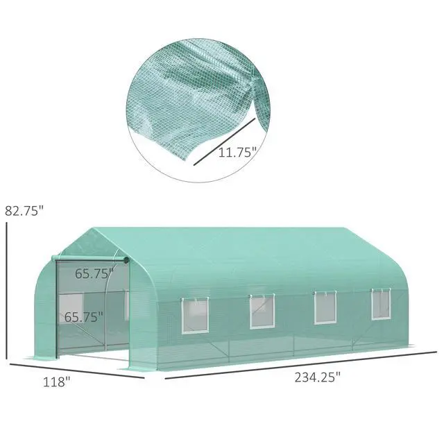 Alt view image 5 of 5 - 20' x 10' x 7' Outdoor Walk-in Greenhouse, Tunnel Green House with Roll-Up Windows, Zippered Door, Pe Cover, Heavy Duty Steel Frame, Green