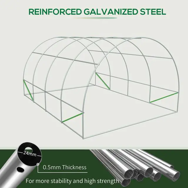 Alt view image 3 of 5 - 20' x 10' x 7' Outdoor Walk-in Greenhouse, Tunnel Green House with Roll-Up Windows, Zippered Door, Pe Cover, Heavy Duty Steel Frame, Green