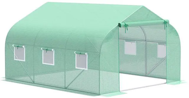 Main image of 12' x 10' x 7' Outdoor Walk-in Greenhouse, Tunnel Green House with Roll-Up Windows, Zippered Door, Pe Cover, Heavy Duty Steel Frame, Green