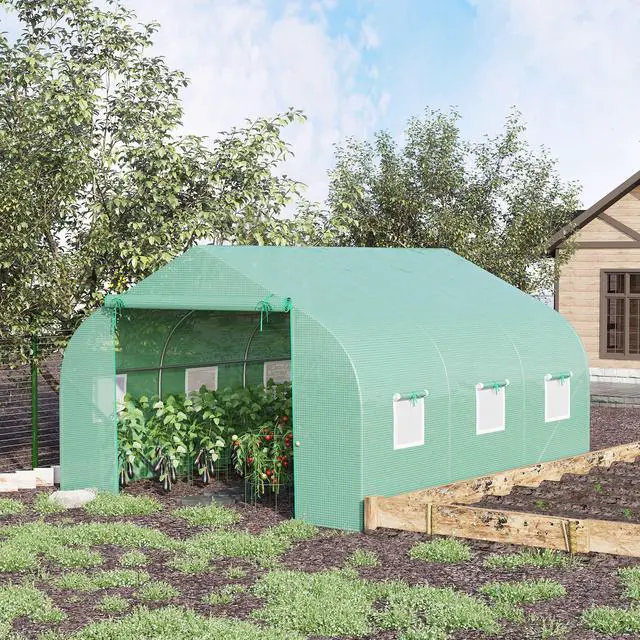 Alt view image 2 of 5 - 12' x 10' x 7' Outdoor Walk-in Greenhouse, Tunnel Green House with Roll-Up Windows, Zippered Door, Pe Cover, Heavy Duty Steel Frame, Green