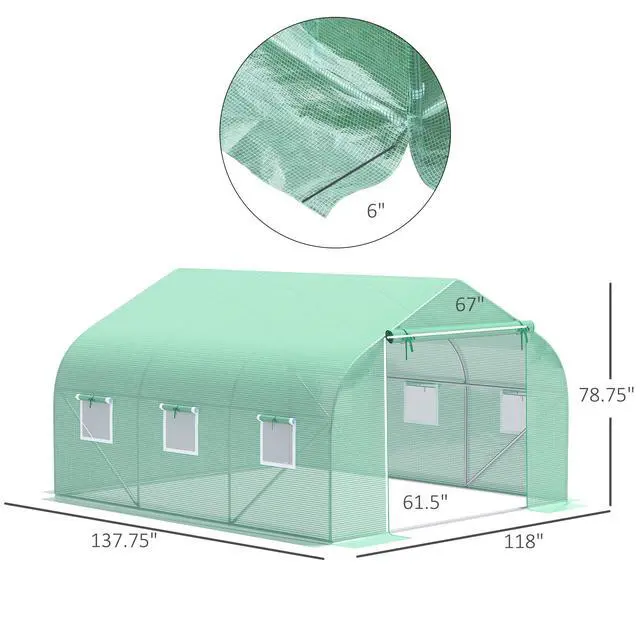 Alt view image 5 of 5 - 12' x 10' x 7' Outdoor Walk-in Greenhouse, Tunnel Green House with Roll-Up Windows, Zippered Door, Pe Cover, Heavy Duty Steel Frame, Green