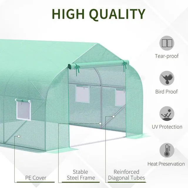 Alt view image 4 of 5 - 12' x 10' x 7' Outdoor Walk-in Greenhouse, Tunnel Green House with Roll-Up Windows, Zippered Door, Pe Cover, Heavy Duty Steel Frame, Green