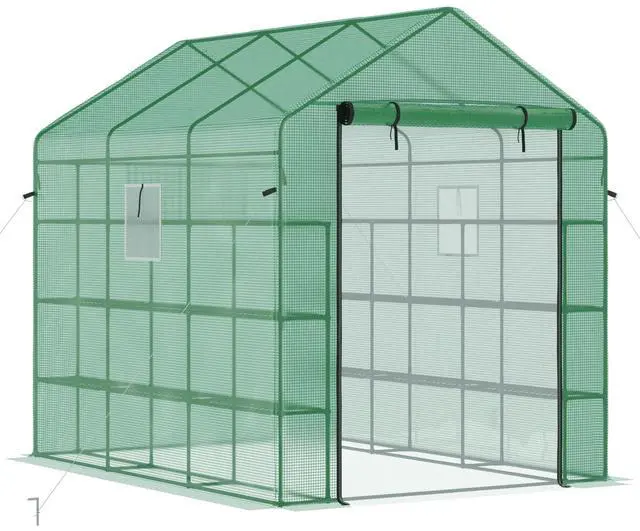 Main image of 8' x 6' x 7' Walk-in Greenhouse with Mesh Door and Windows, 18 Shelf Hot House with Trellis, Plant Labels, Uv Protective for Growing Flowers, Herbs, Vegetables, Saplings, Green