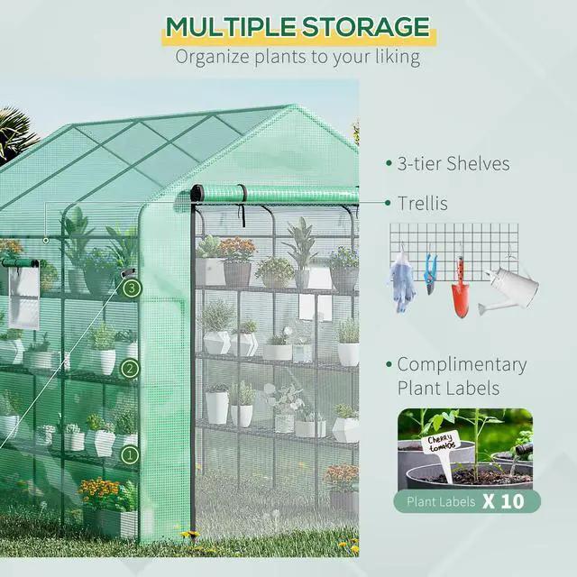 Alt view image 3 of 5 - 8' x 6' x 7' Walk-in Greenhouse with Mesh Door and Windows, 18 Shelf Hot House with Trellis, Plant Labels, Uv Protective for Growing Flowers, Herbs, Vegetables, Saplings, Green