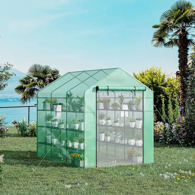 Alt view image 2 of 5 - 8' x 6' x 7' Walk-in Greenhouse with Mesh Door and Windows, 18 Shelf Hot House with Trellis, Plant Labels, Uv Protective for Growing Flowers, Herbs, Vegetables, Saplings, Green