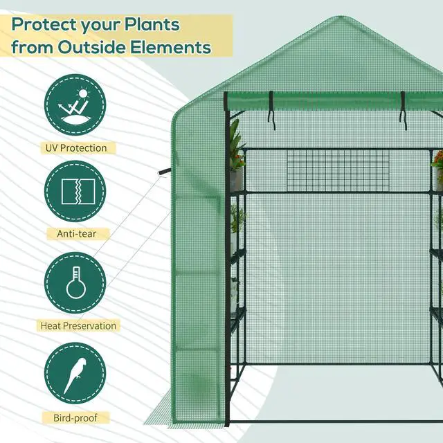 Alt view image 4 of 5 - 8' x 6' x 7' Walk-in Greenhouse with Mesh Door and Windows, 18 Shelf Hot House with Trellis, Plant Labels, Uv Protective for Growing Flowers, Herbs, Vegetables, Saplings, Green