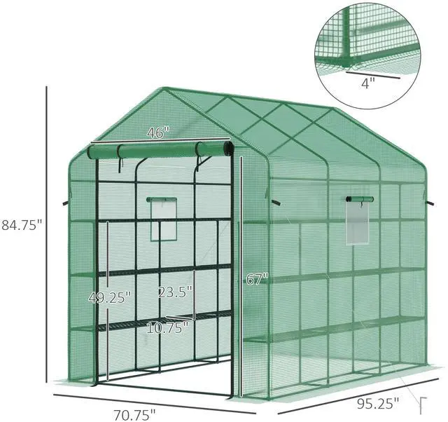 Alt view image 5 of 5 - 8' x 6' x 7' Walk-in Greenhouse with Mesh Door and Windows, 18 Shelf Hot House with Trellis, Plant Labels, Uv Protective for Growing Flowers, Herbs, Vegetables, Saplings, Green
