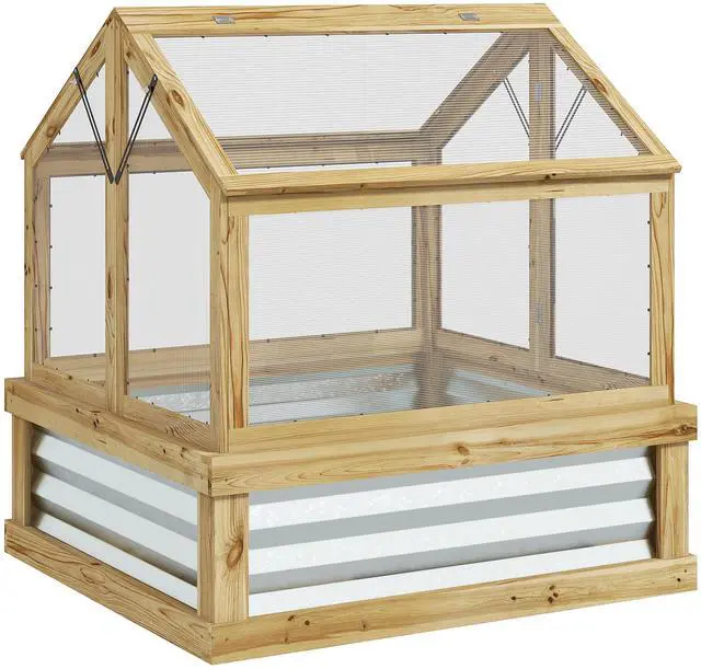 Main image of Raised Garden Bed with Polycarbonate Greenhouse, Garden Wooden Cold Frame Greenhouse Flower Planter Protection, Peak Roof, 35.5" x 31.5" x 36", Natural
