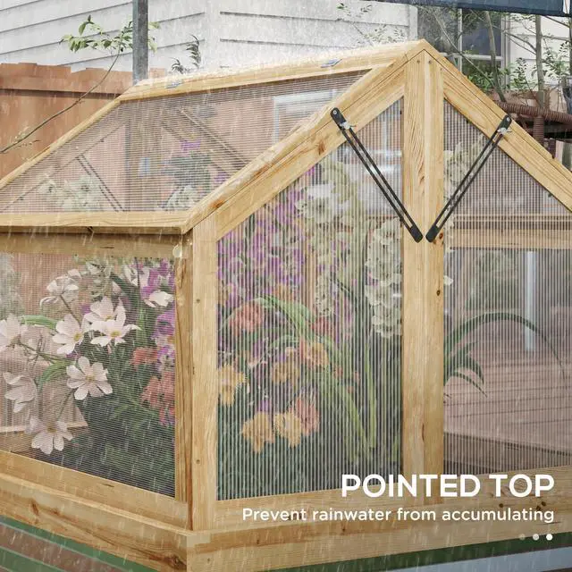 Alt view image 3 of 5 - Raised Garden Bed with Polycarbonate Greenhouse, Garden Wooden Cold Frame Greenhouse Flower Planter Protection, Peak Roof, 35.5" x 31.5" x 36", Natural