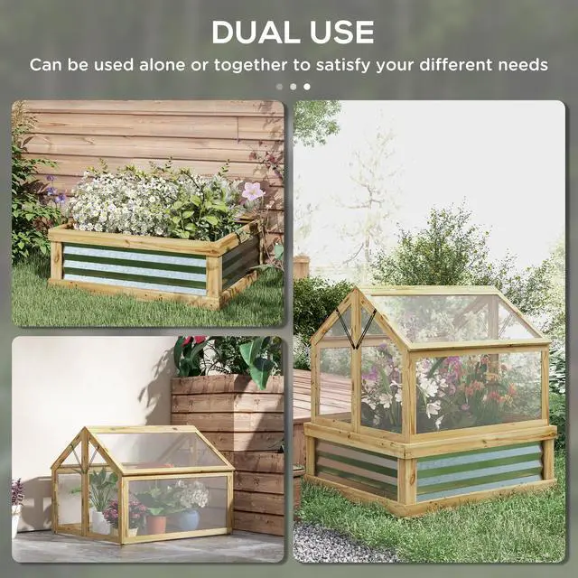 Alt view image 4 of 5 - Raised Garden Bed with Polycarbonate Greenhouse, Garden Wooden Cold Frame Greenhouse Flower Planter Protection, Peak Roof, 35.5" x 31.5" x 36", Natural