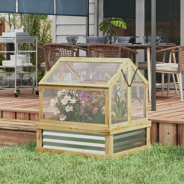 Alt view image 2 of 5 - Raised Garden Bed with Polycarbonate Greenhouse, Garden Wooden Cold Frame Greenhouse Flower Planter Protection, Peak Roof, 35.5" x 31.5" x 36", Natural