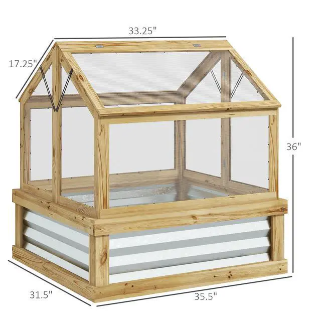 Alt view image 5 of 5 - Raised Garden Bed with Polycarbonate Greenhouse, Garden Wooden Cold Frame Greenhouse Flower Planter Protection, Peak Roof, 35.5" x 31.5" x 36", Natural