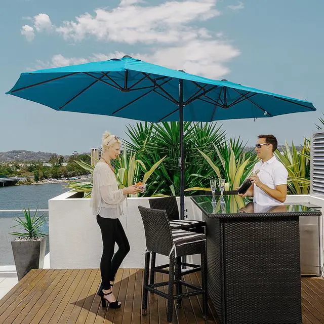 Alt view image 2 of 5 - Extra Large 15Ft Patio Umbrella, Double-Sided Outdoor Umbrella with Crank Handle and Air Vents for Backyard, Deck, Pool, Market, Blue