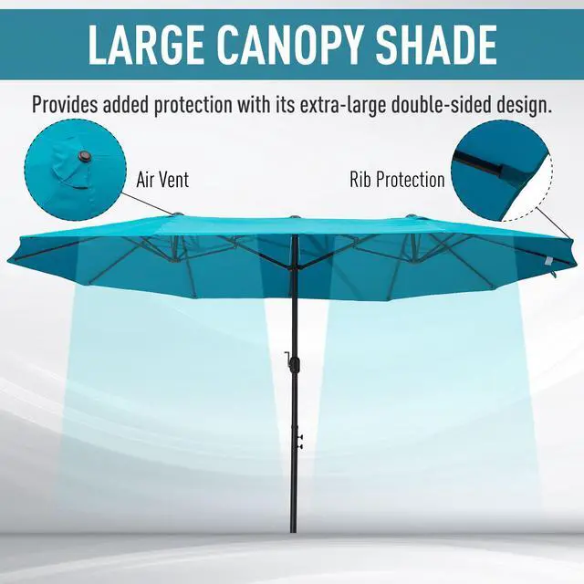 Alt view image 4 of 5 - Extra Large 15Ft Patio Umbrella, Double-Sided Outdoor Umbrella with Crank Handle and Air Vents for Backyard, Deck, Pool, Market, Blue