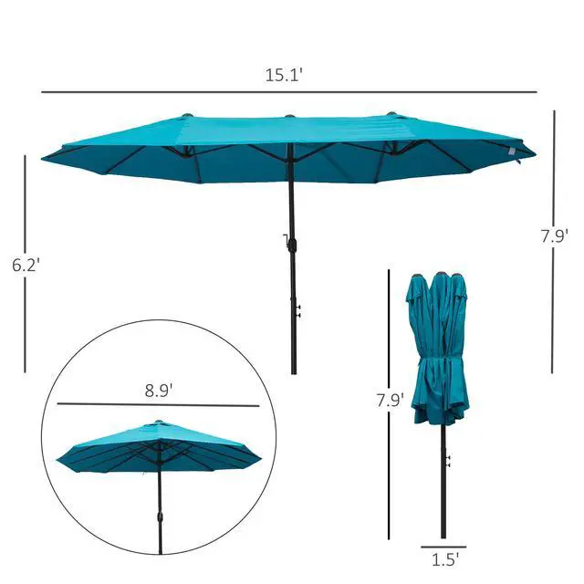 Alt view image 5 of 5 - Extra Large 15Ft Patio Umbrella, Double-Sided Outdoor Umbrella with Crank Handle and Air Vents for Backyard, Deck, Pool, Market, Blue