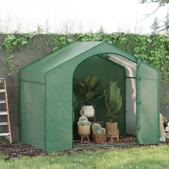 Alt view image 2 of 5 - 6' x 3' x 5' Portable Walk-in Greenhouse, Pe Cover, Steel Frame Garden Hot House, Zipper Door, top Vent for Flowers, Vegetables, Saplings, Tropical Plants, Green