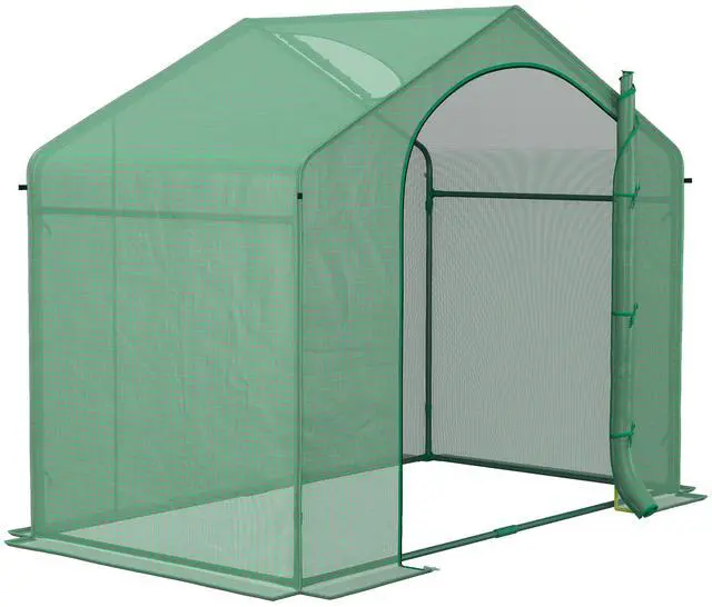 Alt view image 3 of 5 - 6' x 3' x 5' Portable Walk-in Greenhouse, Pe Cover, Steel Frame Garden Hot House, Zipper Door, top Vent for Flowers, Vegetables, Saplings, Tropical Plants, Green