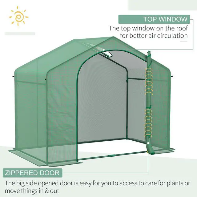 Alt view image 4 of 5 - 6' x 3' x 5' Portable Walk-in Greenhouse, Pe Cover, Steel Frame Garden Hot House, Zipper Door, top Vent for Flowers, Vegetables, Saplings, Tropical Plants, Green