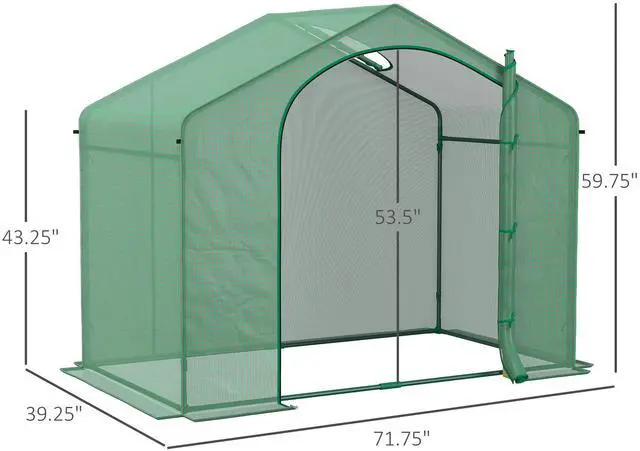 Alt view image 5 of 5 - 6' x 3' x 5' Portable Walk-in Greenhouse, Pe Cover, Steel Frame Garden Hot House, Zipper Door, top Vent for Flowers, Vegetables, Saplings, Tropical Plants, Green