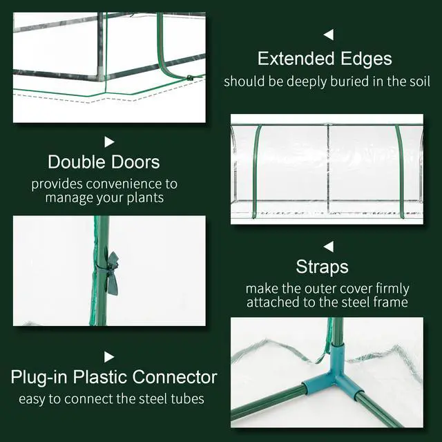 Alt view image 4 of 5 - Mini Greenhouse, Waterproof Cloche Cold Frame, 7' L x 3' W x 2.5' H Portable Hot House, 4 Zippered Doors, Green