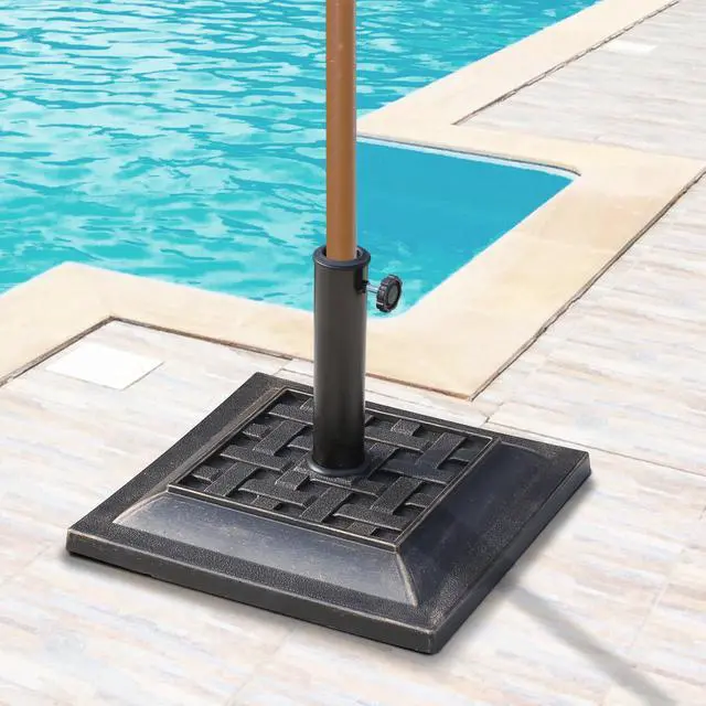 Alt view image 2 of 5 - 20 Lbs Patio Market Umbrella Base Stand Resin Parasol Holder Square with Beautiful Decorative Pattern & Easy Setup, for 1.5", 1.89" Pole, for Beach, Lawn, Deck, Backyard, Garden, Bronze