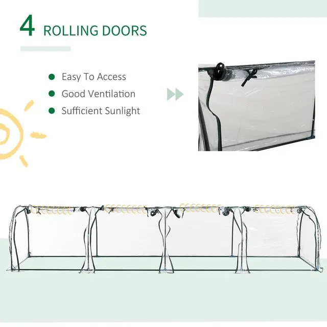 Alt view image 4 of 5 - Mini Greenhouse, Portable 13' L x 3' W x 2.5' H Tunnels, 4 Roll-Up Zip Doors, Uv Waterproof Pvc Cover, Steel Frame, Green