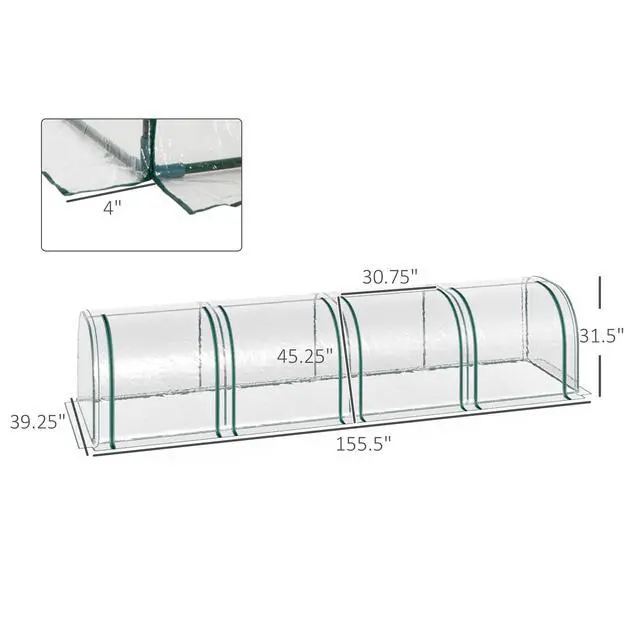 Alt view image 5 of 5 - Mini Greenhouse, Portable 13' L x 3' W x 2.5' H Tunnels, 4 Roll-Up Zip Doors, Uv Waterproof Pvc Cover, Steel Frame, Green