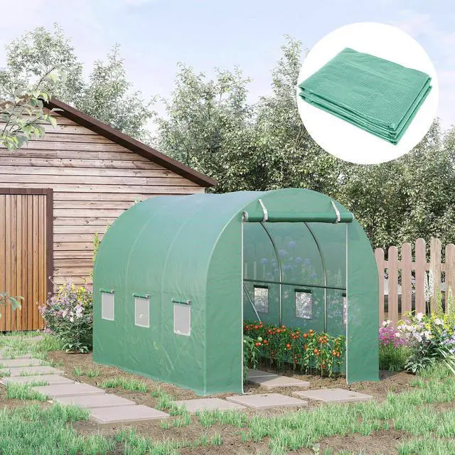 Alt view image 2 of 5 - 9.8' x 6.6' x 6.6' Plastic Greenhouse Cover Replacement, Heavy Duty Waterproof Tarp for Hoop House, Sheeting with 6 Windows, Door & Reinforcement Grid, Green