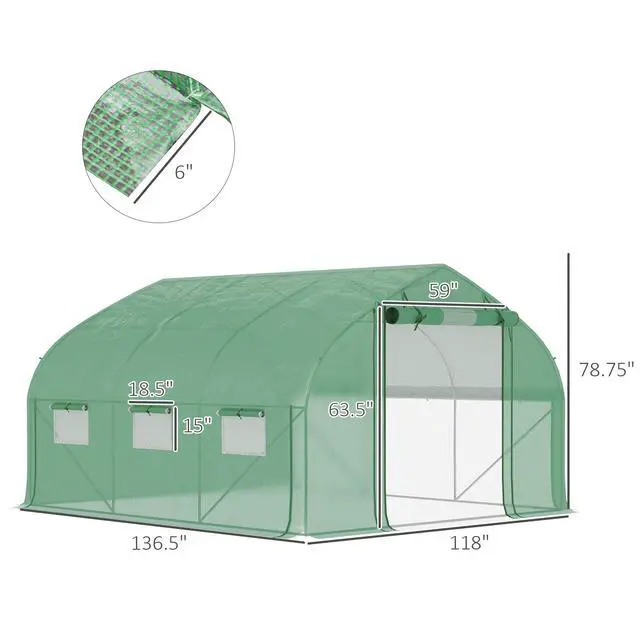 Alt view image 5 of 5 - 11.5' x 10' x 6.5' Walk-in Tunnel Greenhouse with Zippered Mesh Door, 7 Mesh Windows & Roll-Up Sidewalls, Upgraded Gardening Plant Hot House with Galvanized Steel Hoops, Green