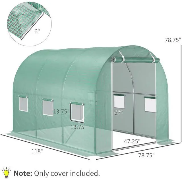 Alt view image 5 of 5 - 9.8' x 6.6' x 6.6' Plastic Greenhouse Cover Replacement, Heavy Duty Waterproof Tarp for Hoop House, Sheeting with 6 Windows, Door & Reinforcement Grid, Green