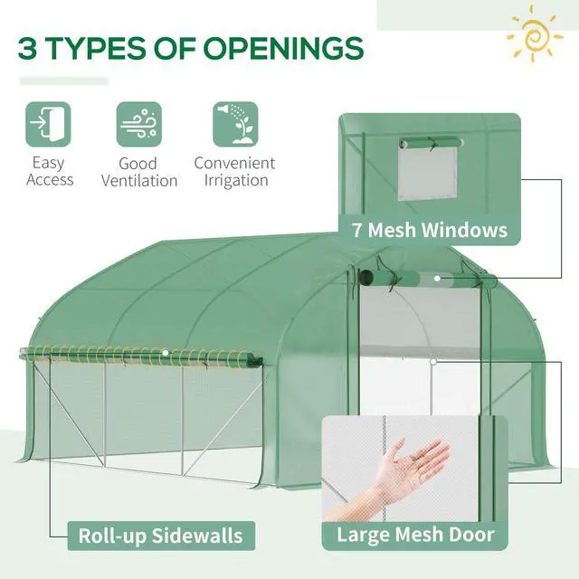 Alt view image 4 of 5 - 11.5' x 10' x 6.5' Walk-in Tunnel Greenhouse with Zippered Mesh Door, 7 Mesh Windows & Roll-Up Sidewalls, Upgraded Gardening Plant Hot House with Galvanized Steel Hoops, Green