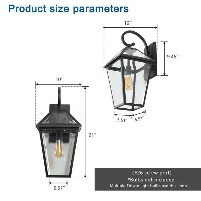 Alt view image 7 of 7 - 21"(H) 1-Pack Outdoor Wall Lantern Light Modern Black Metal & Clear Glass Sconce for Porch, Patio, and Garden Lighting (Bulb Not included)