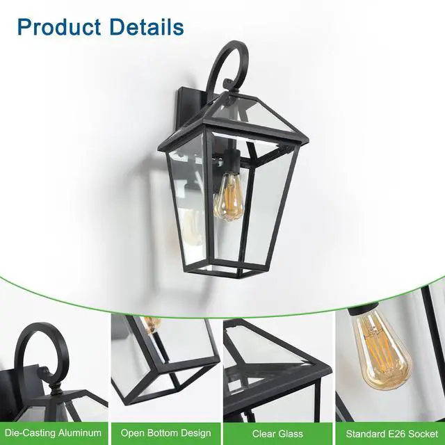 Alt view image 6 of 7 - 21"(H) 2-Pack Outdoor Wall Lantern Light Modern Black Metal & Clear Glass Sconce for Porch, Patio, and Garden Lighting (Bulb Not included)