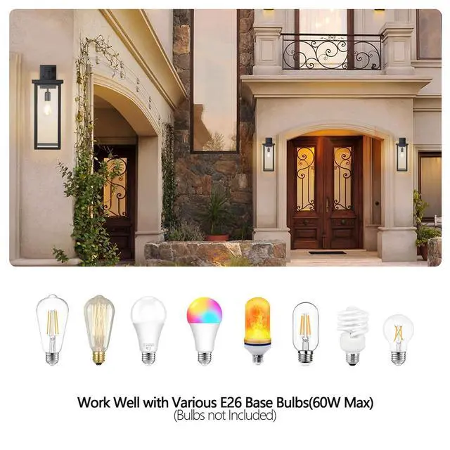 Alt view image 4 of 7 - 20"(H) Set Of 2 Modern Outdoor Wall Lanterns with Black Metal Frame and Clear Glass, Weatherproof Wall Sconces for Porch, Garage, Or Entryway Lighting, E26 Bulb Compatible (No Bulbs)