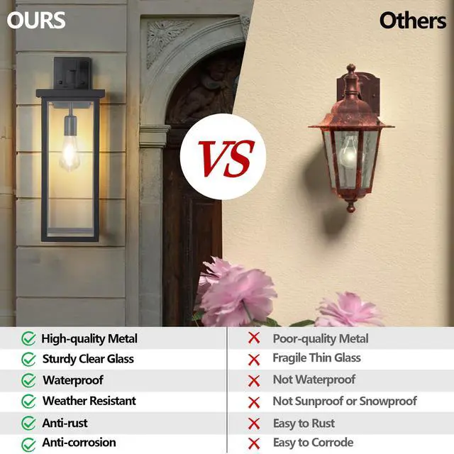 Alt view image 5 of 7 - 20"(H) Set Of 2 Modern Outdoor Wall Lanterns with Black Metal Frame and Clear Glass, Weatherproof Wall Sconces for Porch, Garage, Or Entryway Lighting, E26 Bulb Compatible (No Bulbs)