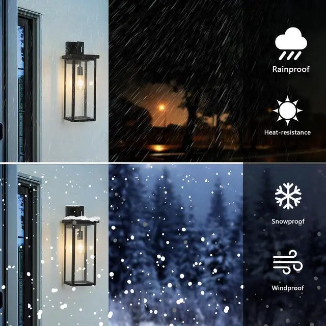 Alt view image 6 of 7 - 20"(H) Set Of 2 Modern Outdoor Wall Lanterns with Black Metal Frame and Clear Glass, Weatherproof Wall Sconces for Porch, Garage, Or Entryway Lighting, E26 Bulb Compatible (No Bulbs)