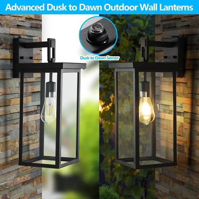 Alt view image 2 of 7 - 20"(H) Set Of 2 Modern Outdoor Wall Lanterns with Black Metal Frame and Clear Glass, Ambient Light Sensors,Weatherproof Wall Sconces for Porch, Garage, Or Entryway Lighting, E26 Bulb Compatible