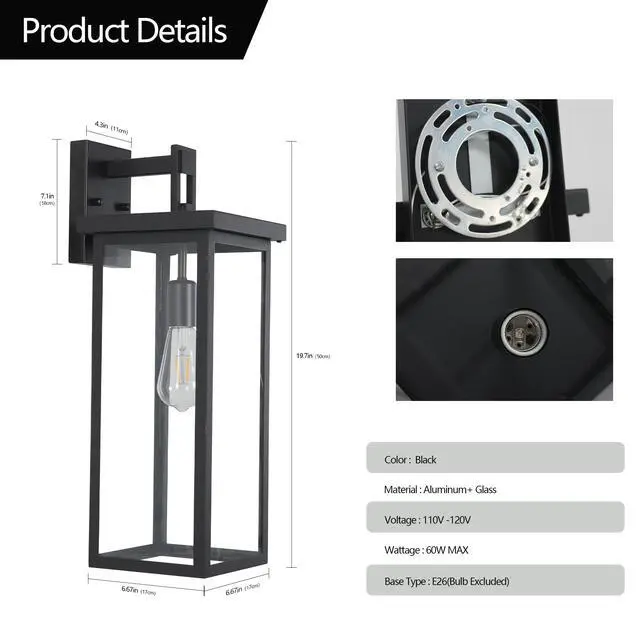 Alt view image 7 of 7 - 20"(H) Set Of 2 Modern Outdoor Wall Lanterns with Black Metal Frame and Clear Glass, Weatherproof Wall Sconces for Porch, Garage, Or Entryway Lighting, E26 Bulb Compatible (No Bulbs)