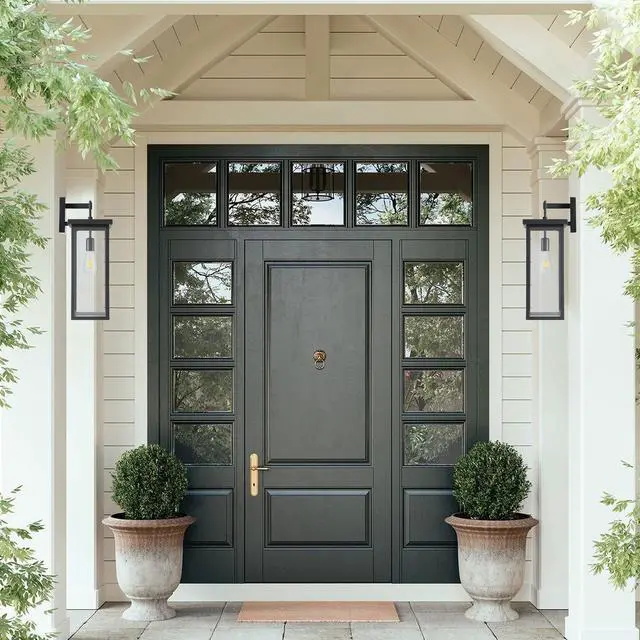 Alt view image 2 of 7 - 20"(H) Set Of 2 Modern Outdoor Wall Lanterns with Black Metal Frame and Clear Glass, Weatherproof Wall Sconces for Porch, Garage, Or Entryway Lighting, E26 Bulb Compatible (No Bulbs)