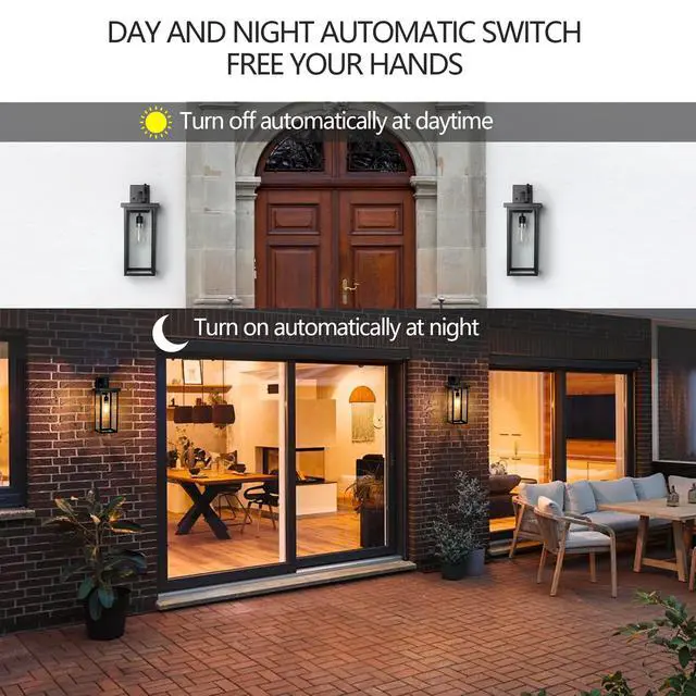Alt view image 4 of 7 - 20"(H) Set Of 2 Modern Outdoor Wall Lanterns with Black Metal Frame and Clear Glass, Ambient Light Sensors,Weatherproof Wall Sconces for Porch, Garage, Or Entryway Lighting, E26 Bulb Compatible