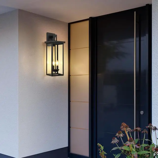 Alt view image 2 of 7 - 1-Pack 22.0" Outdoor Wall Lantern with Dusk to Dawn Sensor, Matte Black Finish, Clear Glass Panels, Weatherproof Exterior Light for Porch, Patio, Garage, 2-Light Design (Bulb Not included)