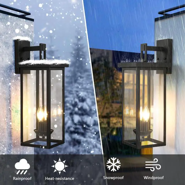 Alt view image 5 of 7 - 1-Pack 22.0" Outdoor Wall Lantern with Dusk to Dawn Sensor, Matte Black Finish, Clear Glass Panels, Weatherproof Exterior Light for Porch, Patio, Garage, 2-Light Design (Bulb Not included)
