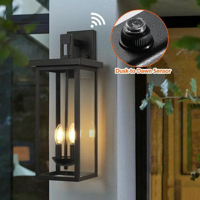 Alt view image 4 of 7 - 1-Pack 22.0" Outdoor Wall Lantern with Dusk to Dawn Sensor, Matte Black Finish, Clear Glass Panels, Weatherproof Exterior Light for Porch, Patio, Garage, 2-Light Design (Bulb Not included)