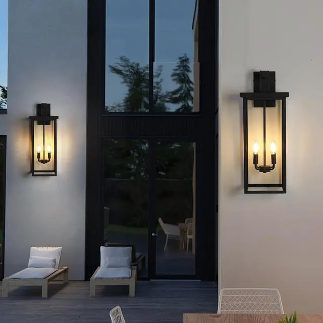 Alt view image 2 of 7 - 26"(H) 1Ps Modern Outdoor Wall Lanterns with Black Metal Frame and Clear Glass, 4 E12 Bulb Socket, Weatherproof Wall Sconces for Porch, Garden, Patio (No Bulbs)