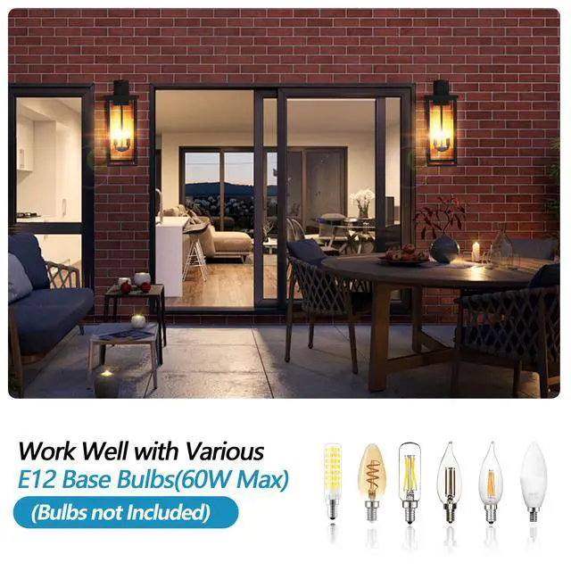 Alt view image 5 of 7 - 26"(H) 1Ps Modern Outdoor Wall Lanterns with Black Metal Frame and Clear Glass, 4 E12 Bulb Socket, Weatherproof Wall Sconces for Porch, Garden, Patio (No Bulbs)