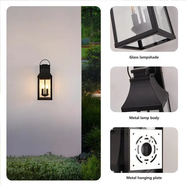 Alt view image 6 of 7 - 20'' Outdoor Wall Light, Porch Light Outdoor Wall Sconce Lantern, 2-Light Modern Black Exterior Lighting Fixture Wall Mount, Outside Light for House Garage, 1-Pack