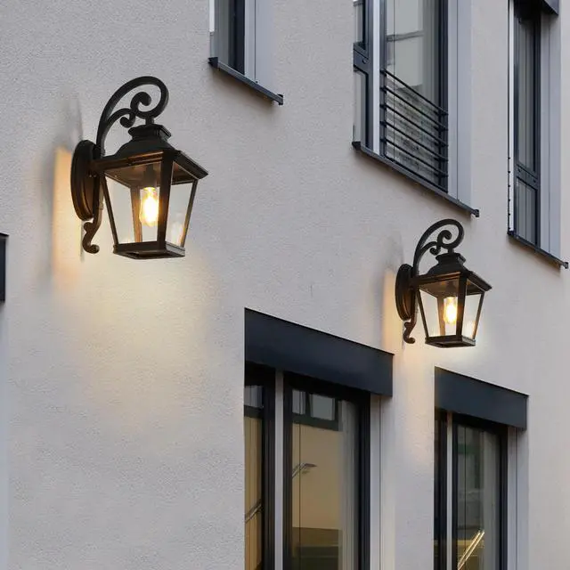 Alt view image 2 of 7 - 14" Outdoor Wall Lanterns 2-Pack, Black Waterproof Wall Sconce with Clear Glass Panels, Vintage Exterior Light Fixture for Porch, Patio, Garden, and Doorway (Bulb Not included)