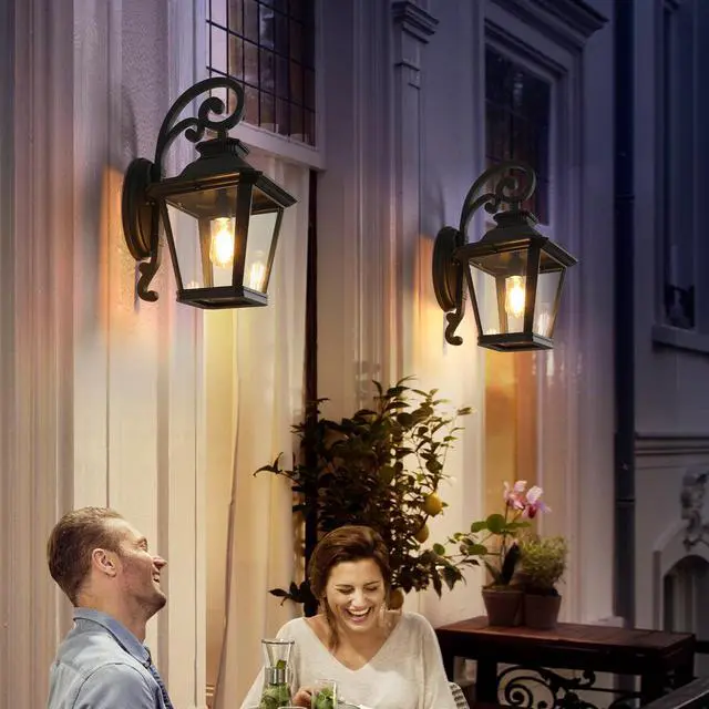 Alt view image 4 of 7 - 14" Outdoor Wall Lanterns 2-Pack, Black Waterproof Wall Sconce with Clear Glass Panels, Vintage Exterior Light Fixture for Porch, Patio, Garden, and Doorway (Bulb Not included)