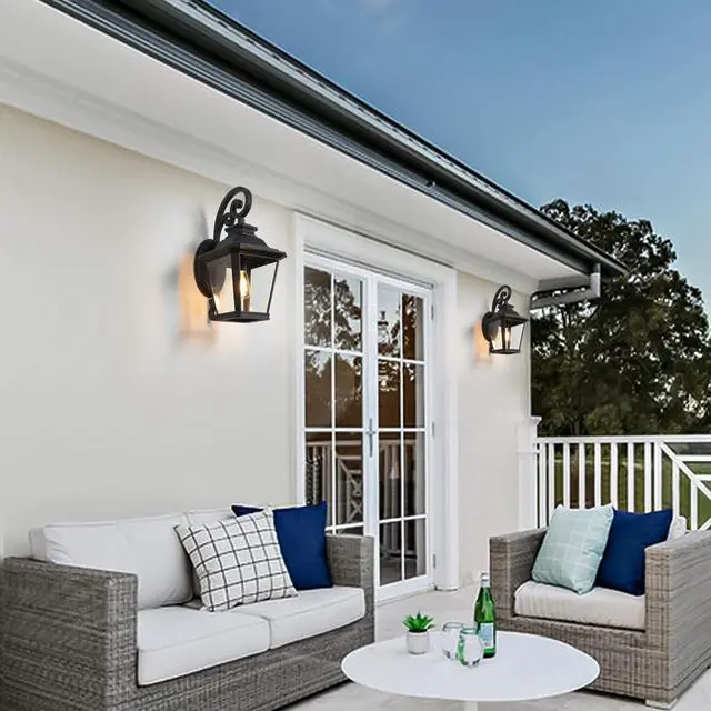 Alt view image 6 of 7 - 21"(H) 1-Pack Outdoor Wall Lantern Light Vintage Black Metal & Clear Glass Sconce with Decorative Scroll Design for Porch, Patio, and Garden Lighting (Bulb Not included)